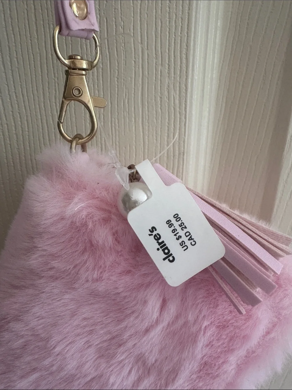 Claire's Pink Faux Fur Wristlet with Rhinestone Star Accent